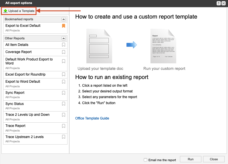 Image of the "upload a template" button in the Office Templates window.