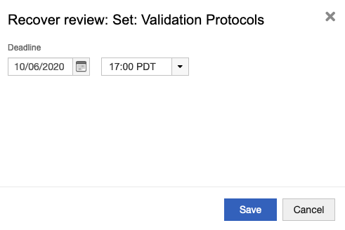 Image shows Recover review, select review status, in progress, deadline, save or cancel.