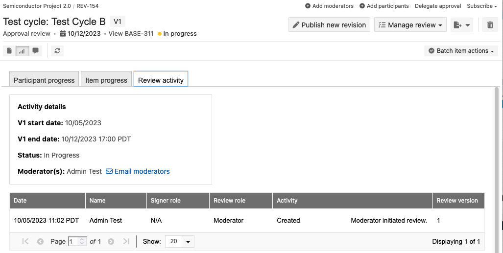 Image shows table with the review activity tab selected.