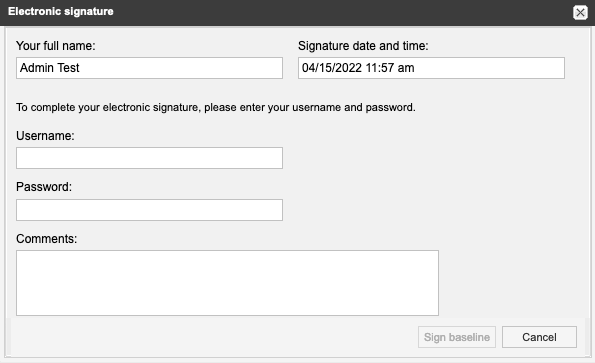 Window shows name, signature date and fields for username, password and comments.