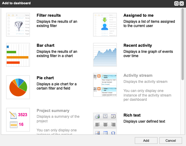 Image shows Add to dashboard window with options for what you can add to the dashboard.