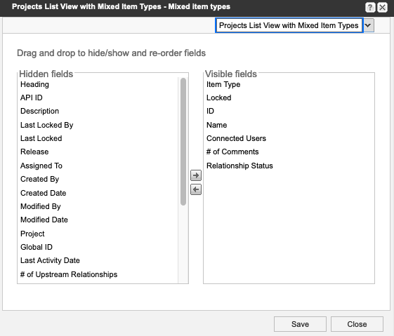 Image shows the list of core item type fields: Item type, Locked, Locked by, Last locked, Release, Assigned to, Created by, Created date, Modified by, Modified date, Project, # of comments, # of upstream relationships, # of downstream relationships, Relationship status, Last activity date, ID, Name, Description, Connected users, Risk