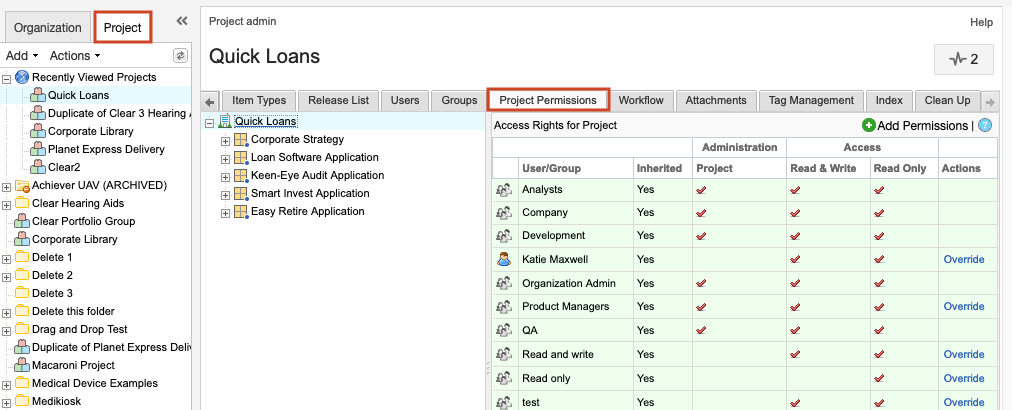 Image shows permissions table with column headers User/Group, Inherited, Project Admin, Read/Write, Read-only and Actions.