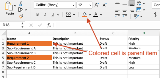 Example Excel worksheet shows color cell as parent item, indicating hierarchy.