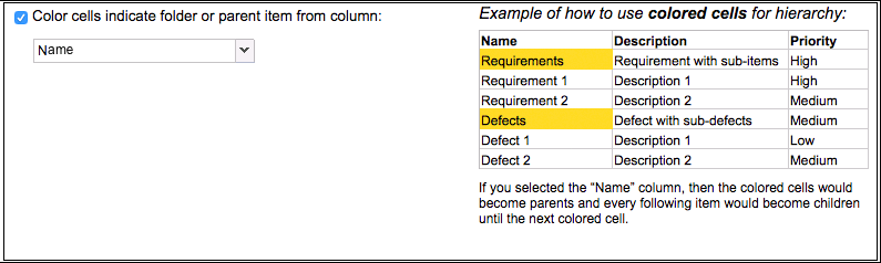 Example of using colored cells for hierarchy in Data Import Wizard.