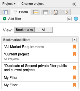 Filters tab displays your saved filters and others' public filters.