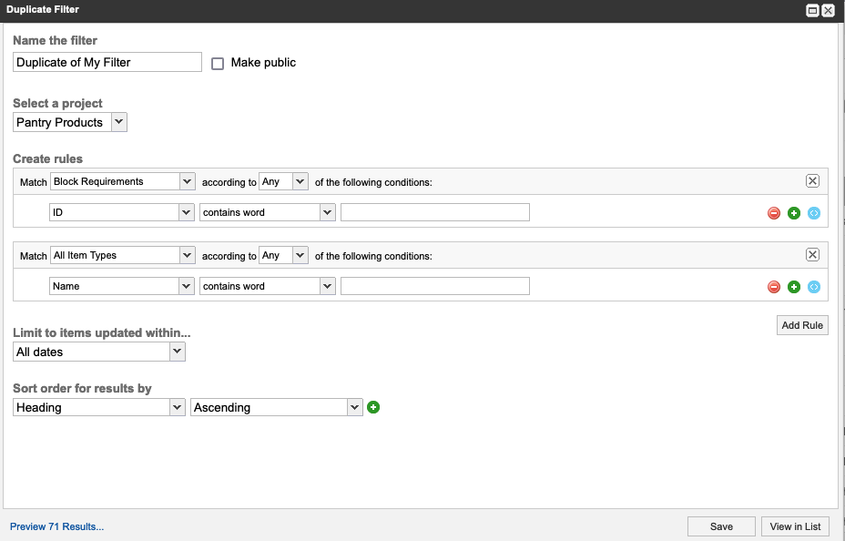 Duplicate Filter options.