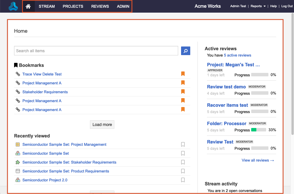 Jama Connect UI: header includes four areas (Stream, Projects, Reviews, Admin) and Home shows links to bookmarks and recently viewed items.