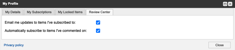 Select Review Center tab to define settings for your reviews.