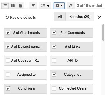 The gear icon displays available fields where you can choose which are visible.