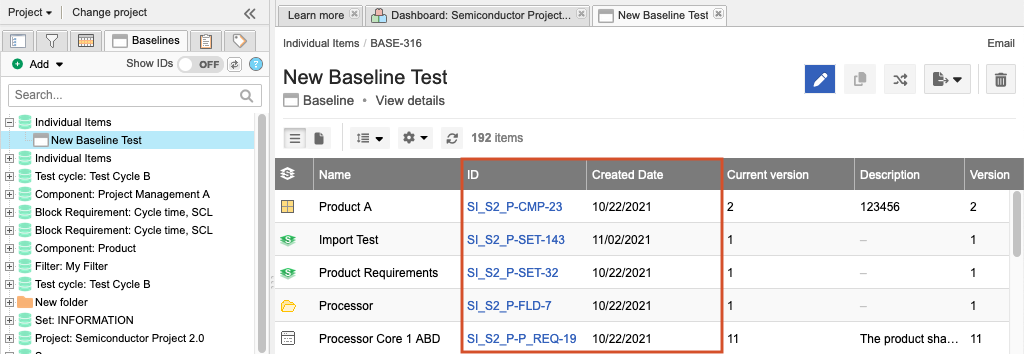 Jama Connect baseline with changes to multiple items.