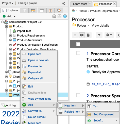 To add a child item, use cascade menus Add > New item> Sub Component.