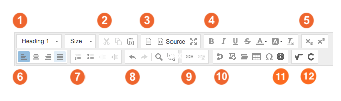 Rich text toolbar and buttons, numbered and explained in list below.