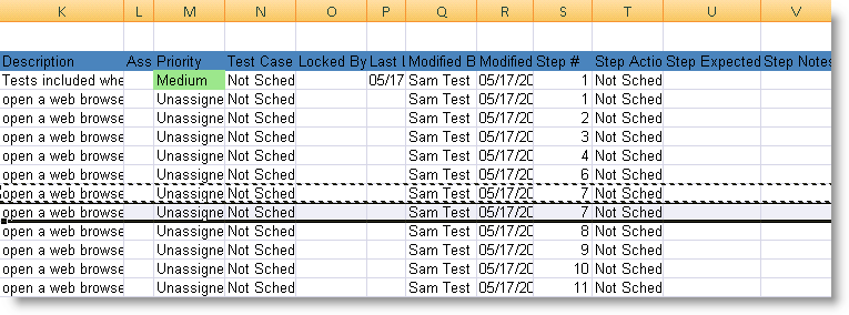 Example Excel worksheet shows highlighted row to copy, insert. then edit for an added test step.