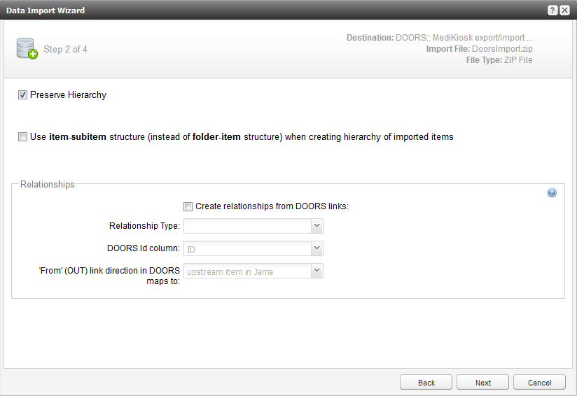 Data Import Wizard, Step 2 of 4: Options for hierarchy and relationships.