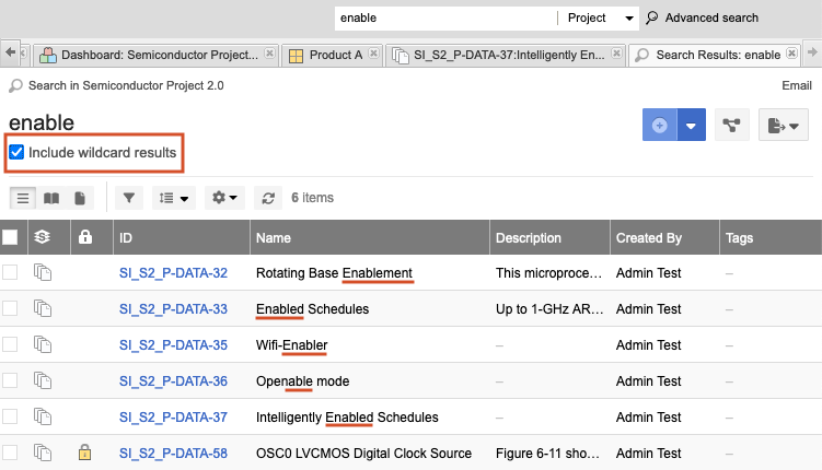Example results of a search "enable" with option "Include wildcard results" selected.