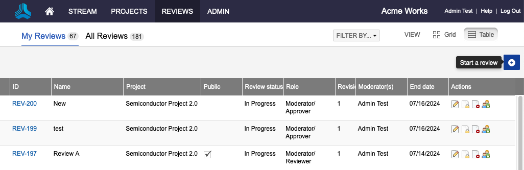 Example review dashboard in Table View.