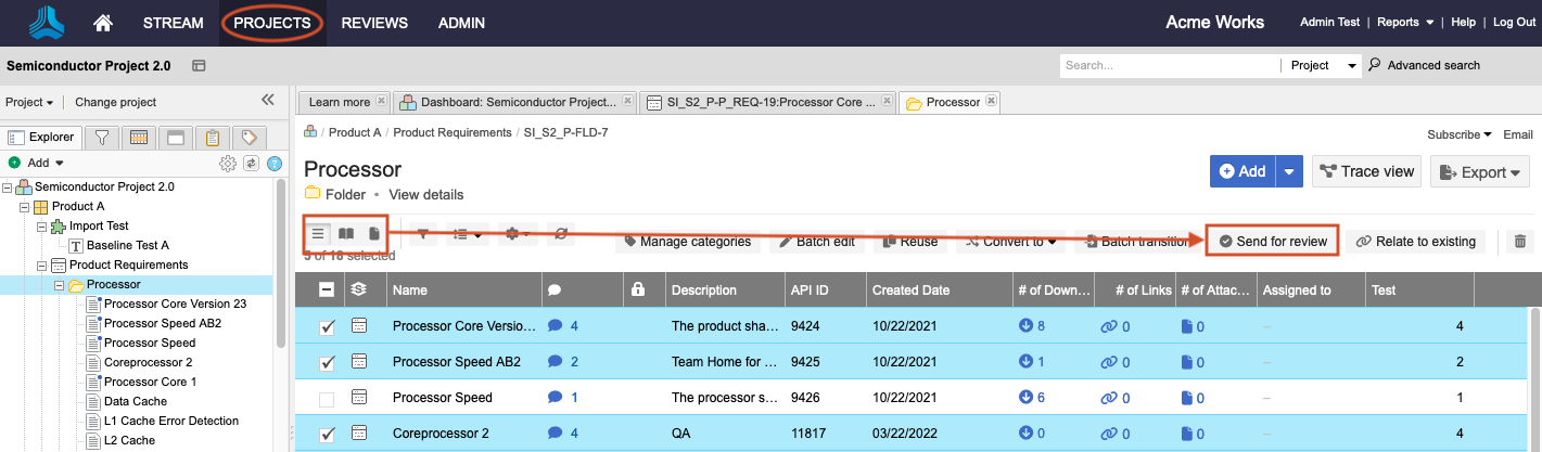 Select Projects > Explorer Tree, select items to include, then select Send for review.