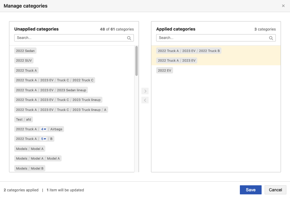 Manage categories window has two columns: Unapplied categories and Applied categories. Select and save.