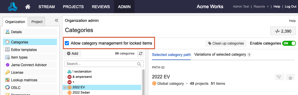 Select Allow category management for locked items in the details panel.