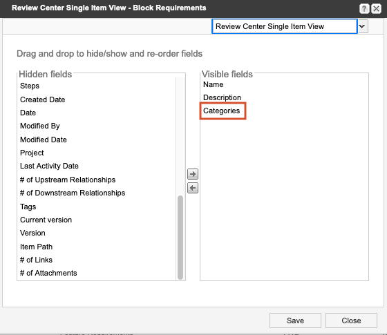 Move Categories to the Visible fields column.