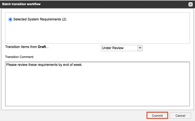 Select a status, add an optional comment, then select Commit.