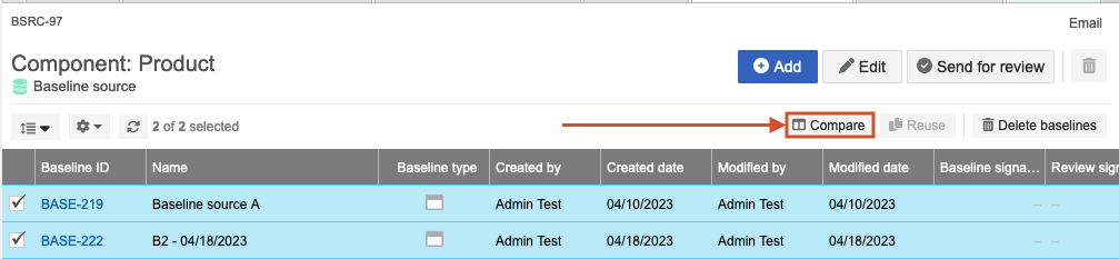 In List View, two baselines are selected and the Compare button is highlighted.