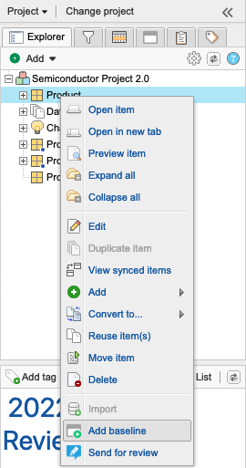 Project Explorer Tree shows an item selected and the submenu option Add baseline selected.