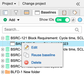 Baseline tab shows a selected baseline and the submenu option Edit is selected.