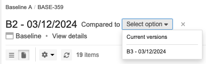 In the details panel, the Select optioon drop-down menu lists the versions to compare.