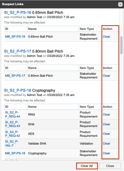 The Suspected Links window lists all invalid links with the Action column (Clear) and the Clear All button highlighted.