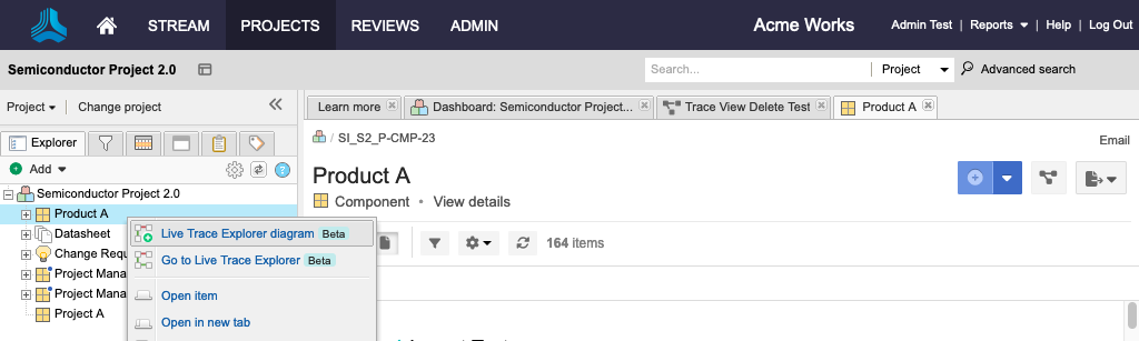 UI shows a product selected in the Explorer Tree with the Live Trace Explorer diagram option selected.