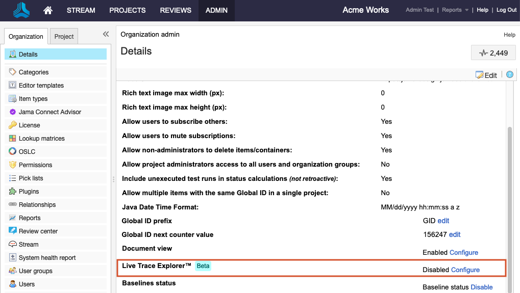 The Details panel shows Live Trace Explorer selected, its status is Disabled, and the Configure option available.