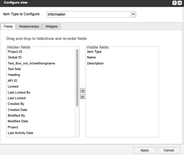 The Configure view window shows the Fields tab selected and hidden and visible fields listed in separate columns.