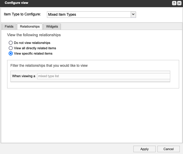 The Configure view window shows the Relationships tab selected and the option View specific related items is selected.