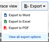 The Export drop-down menu shows View all export options is highlighted.