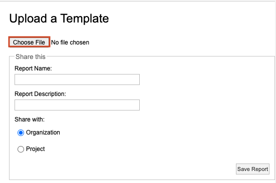 In Upload a Template window, the Choose File option is highlighted.