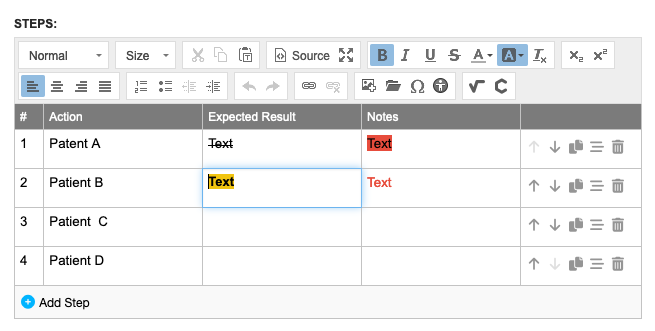 Under Steps, the steps are listed in a table form, where #1 shows text crossed out under Expected Result and red text under Notes, and #2 shows highlighted text under Expected Result.