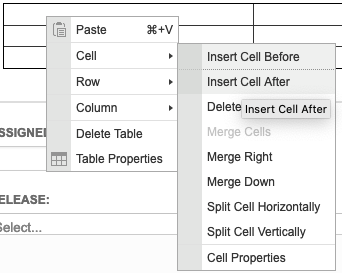 Format a table with actions from the cascading menus.