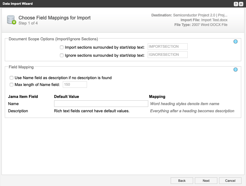 Data Import Wizard page 1 of 4: Field Mappings.