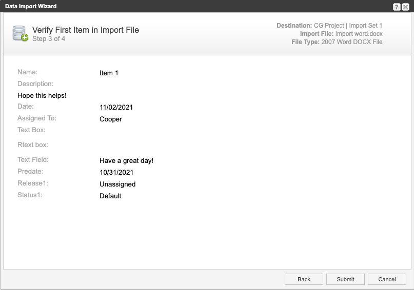 Data Import Wizard page 3 of 4: Verify First Item in Import File.