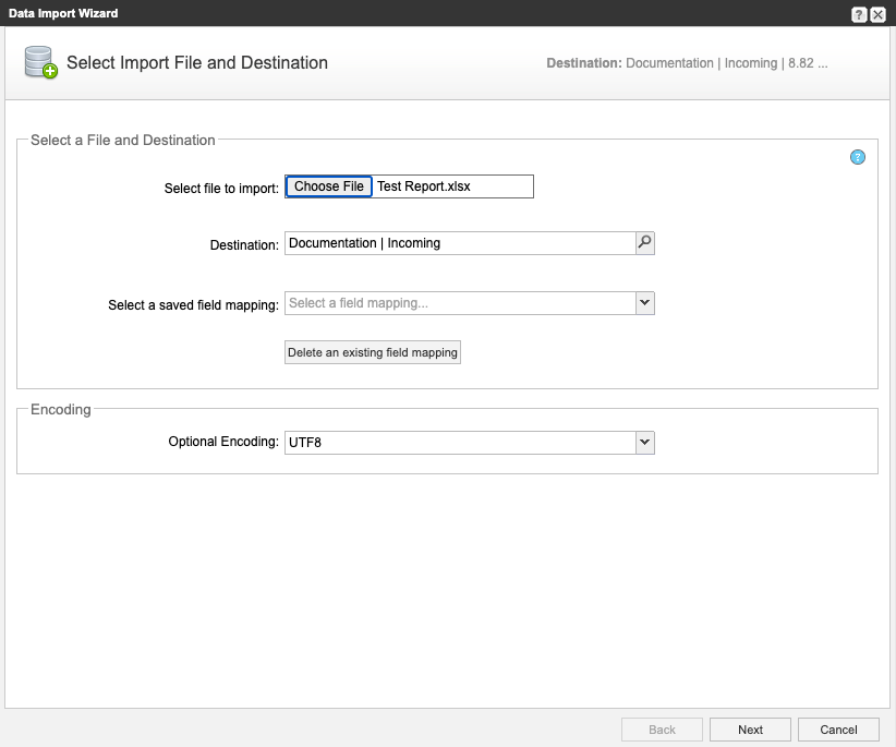 Data Import Wizard page options: Select Import File and Destination.