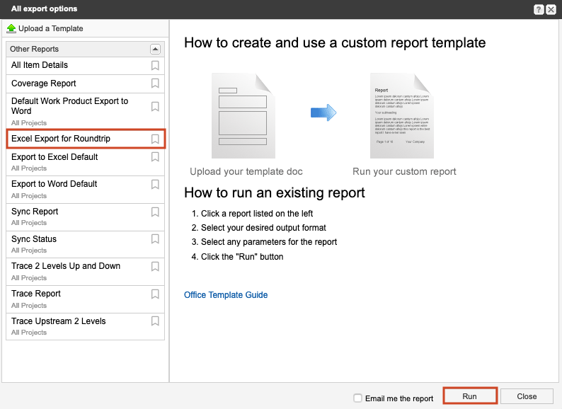 Select Excel Export for Roundtrip in the left panel.