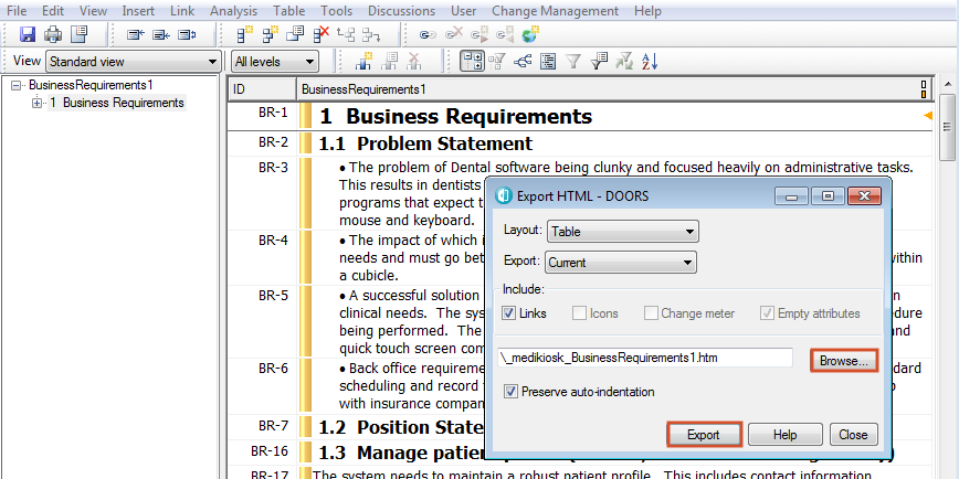 Export HTLM dialog box options.