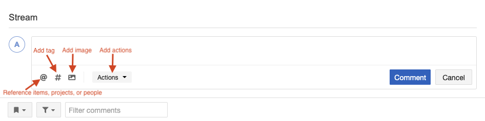 Icons under Stream: Reference items, projects or people; Add tag; Add image; and Add actions.