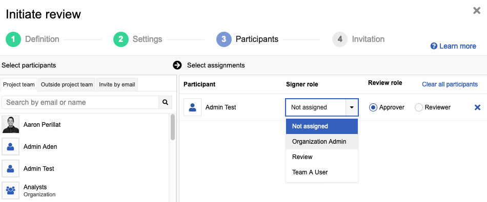 On the Participants page of the review wizard, select users and their role from the drop-down menu.