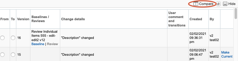 Select two versions to compare, then select Compare.