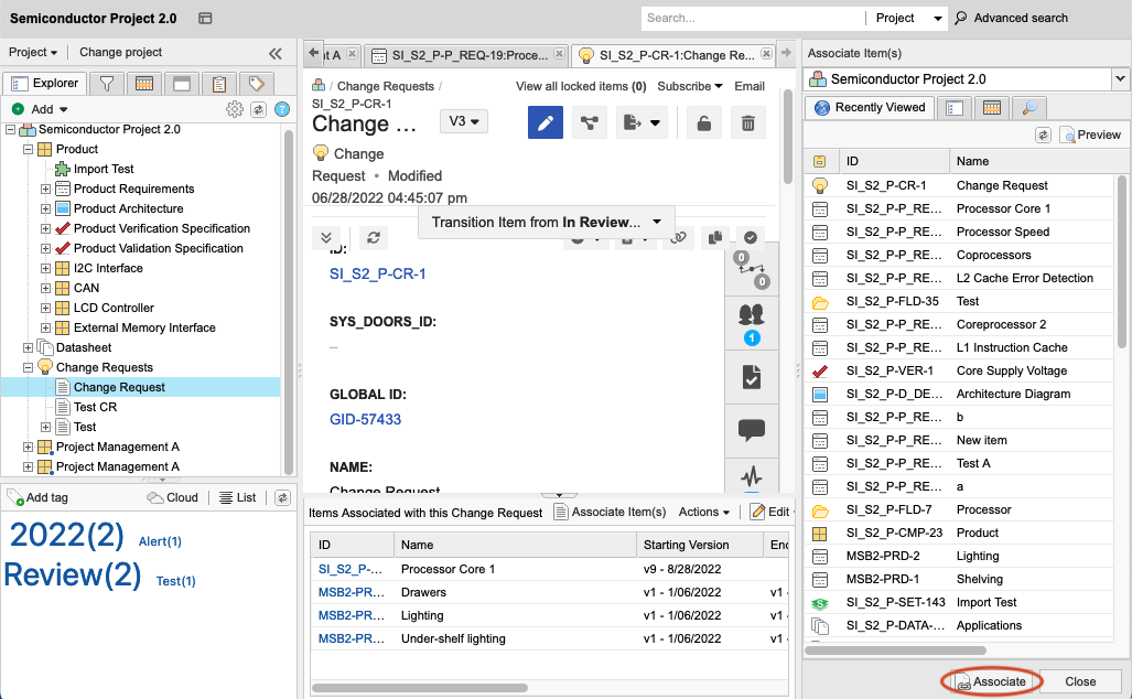 Associate items button and Associate button in the bottom panel implement the change request.