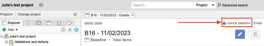 Baseline header includes Unlock baseline option if baseline is locked and you have admin permissions.