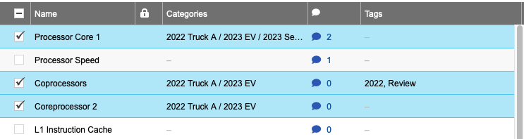 Example List View shows categories applied to baselined items.